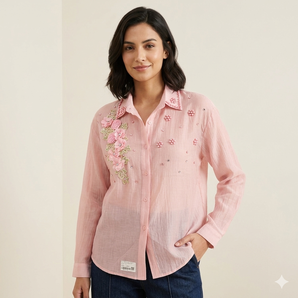 Artisanal Dusty Pink Crinkle Shirt with Cascade 3D Floral & Pearl Embellishments