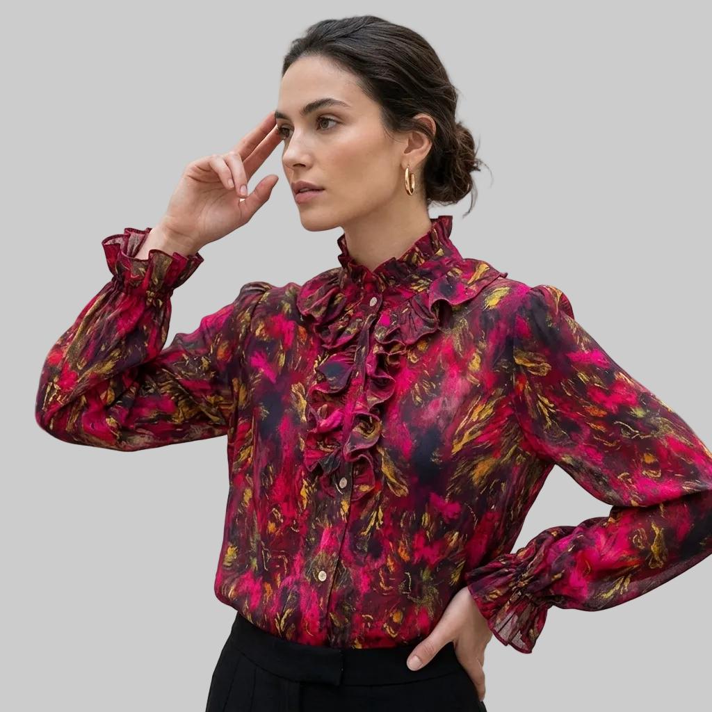 Elegant Abstract Magenta and Gold Ruffled Blouse