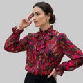 Elegant Abstract Magenta and Gold Ruffled Blouse