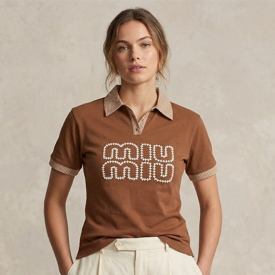 Brown Contrast Trim Polo T-Shirt for Women