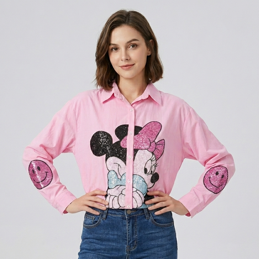 Pink Sequin Minnie Mouse Graphic Button-Down Shirt