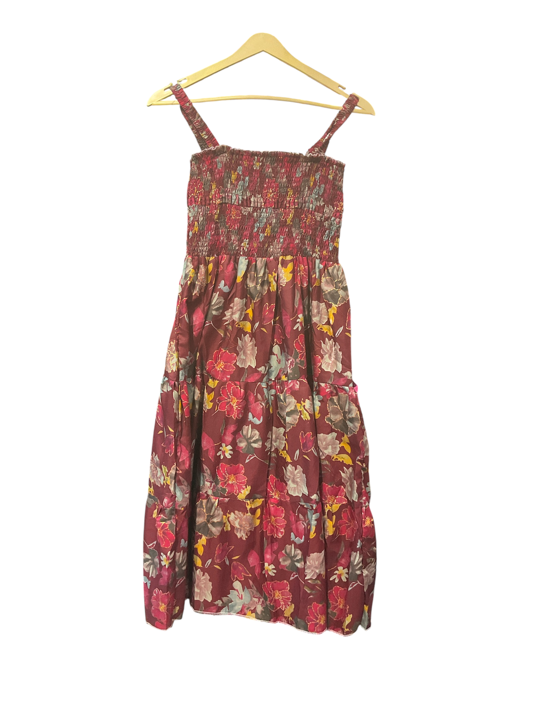Floral Smocked Tiered Maxi Dress in Burgundy