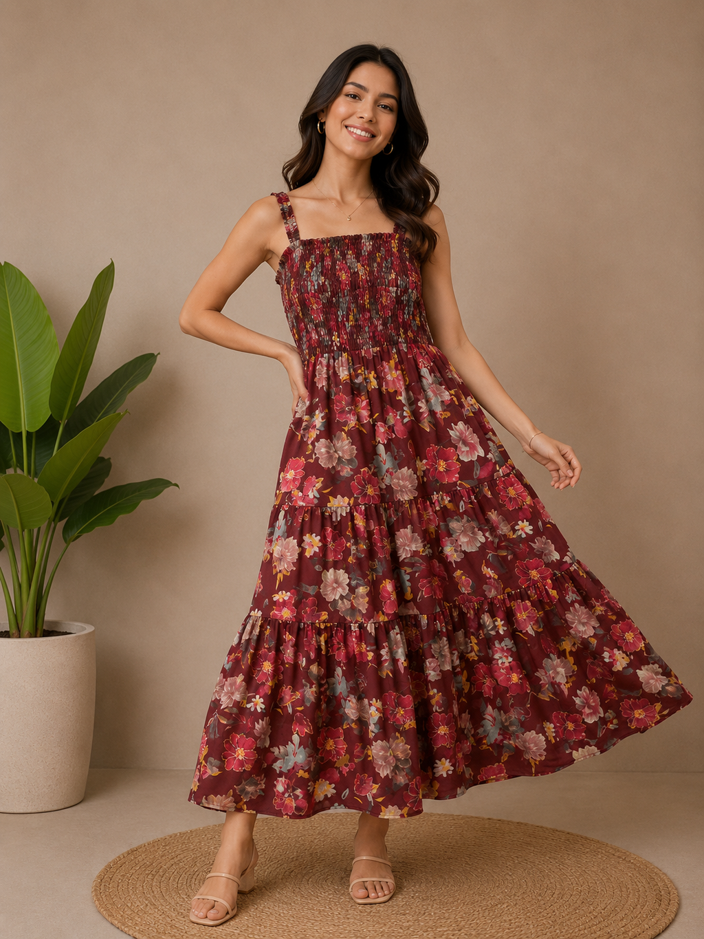 Floral Smocked Tiered Maxi Dress in Burgundy