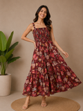 Floral Smocked Tiered Maxi Dress in Burgundy