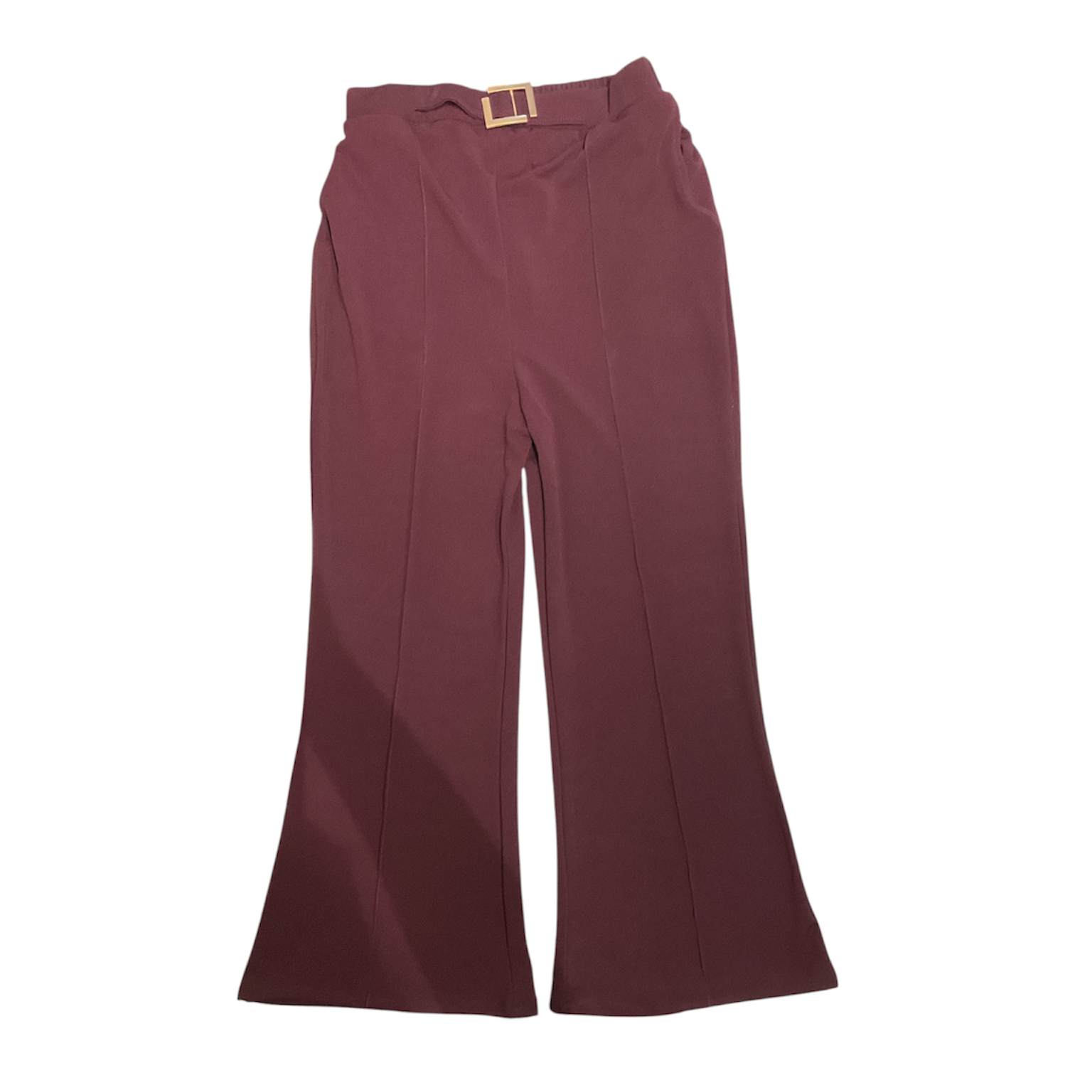 Elegant Maroon High-Waisted Flared Trousers with Gold Buckle Belt