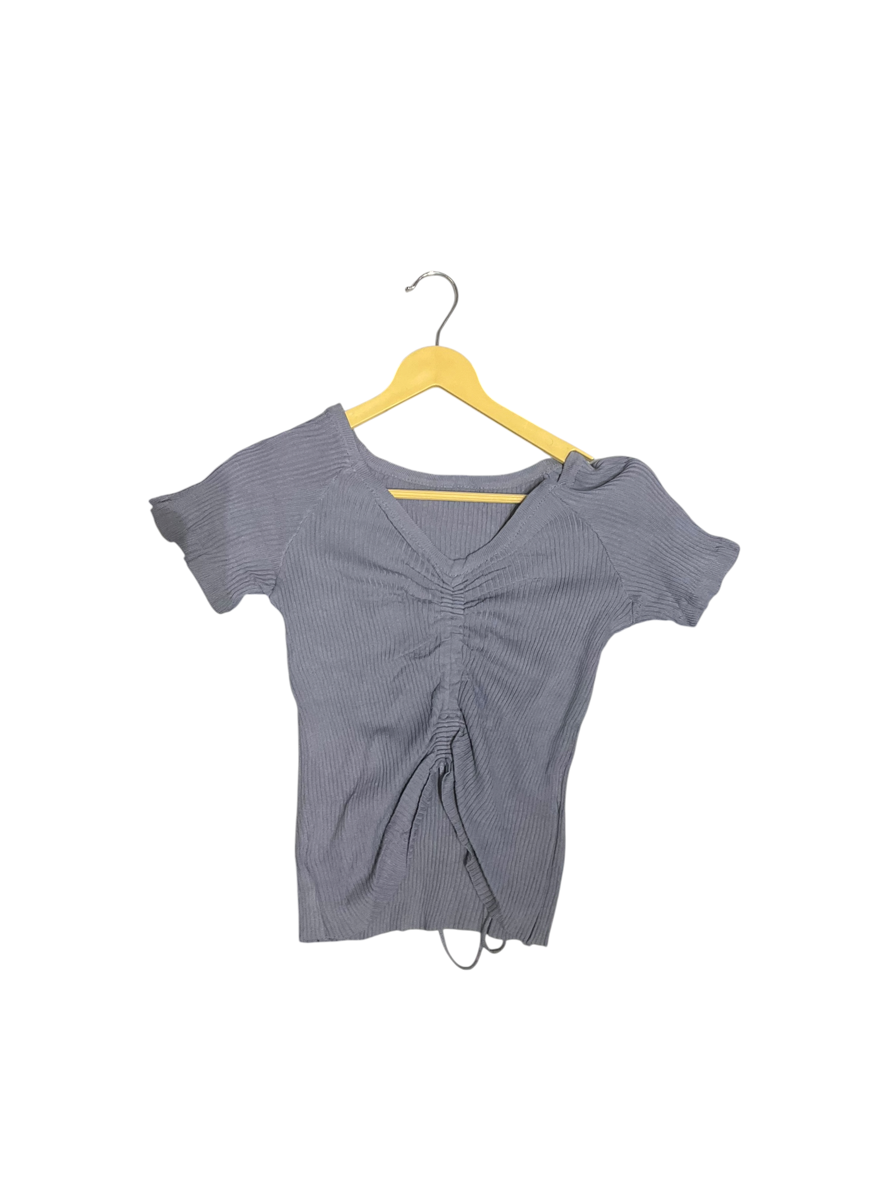 Stylish Ruched Ribbed V-Neck Top for Women – Grey