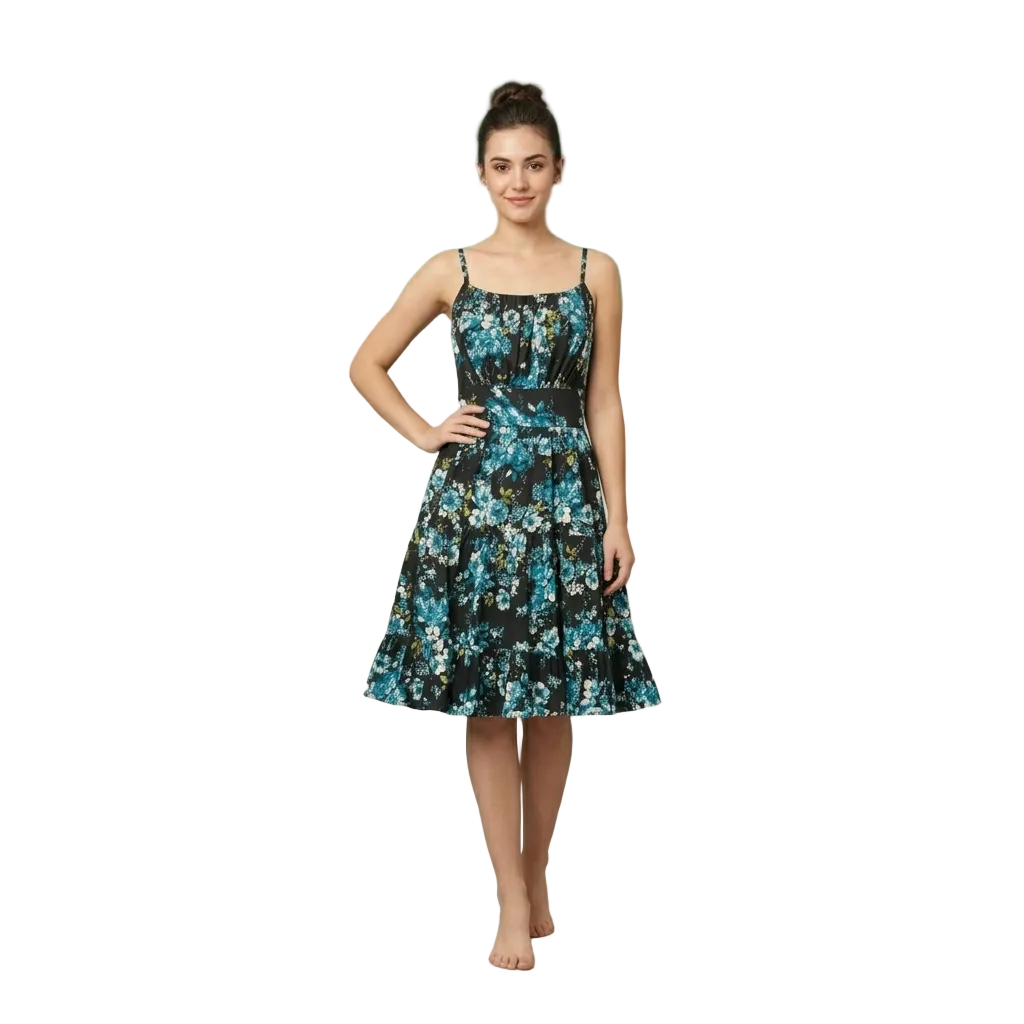 Women’s Floral Tiered Sundress – Blue & Teal Ruched Midi Dress