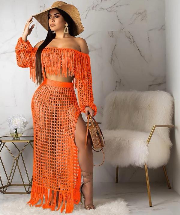 Orange Fringe Crochet Co-Ord Set for Women – Off Shoulder Crop Top & High Slit Maxi Skirt (Imported Statement Outfit)