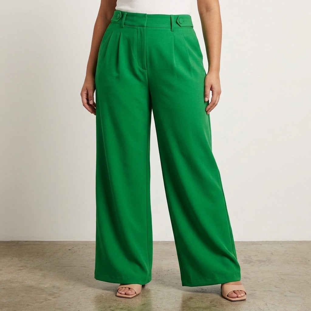 Vibrant Emerald Green Wide-Leg Pleated Trousers with Waist Tabs