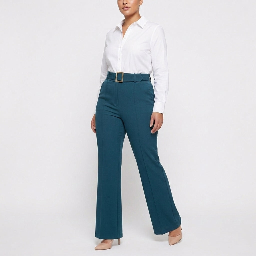 Tailored Deep Teal Straight-Fit Trousers with Belt