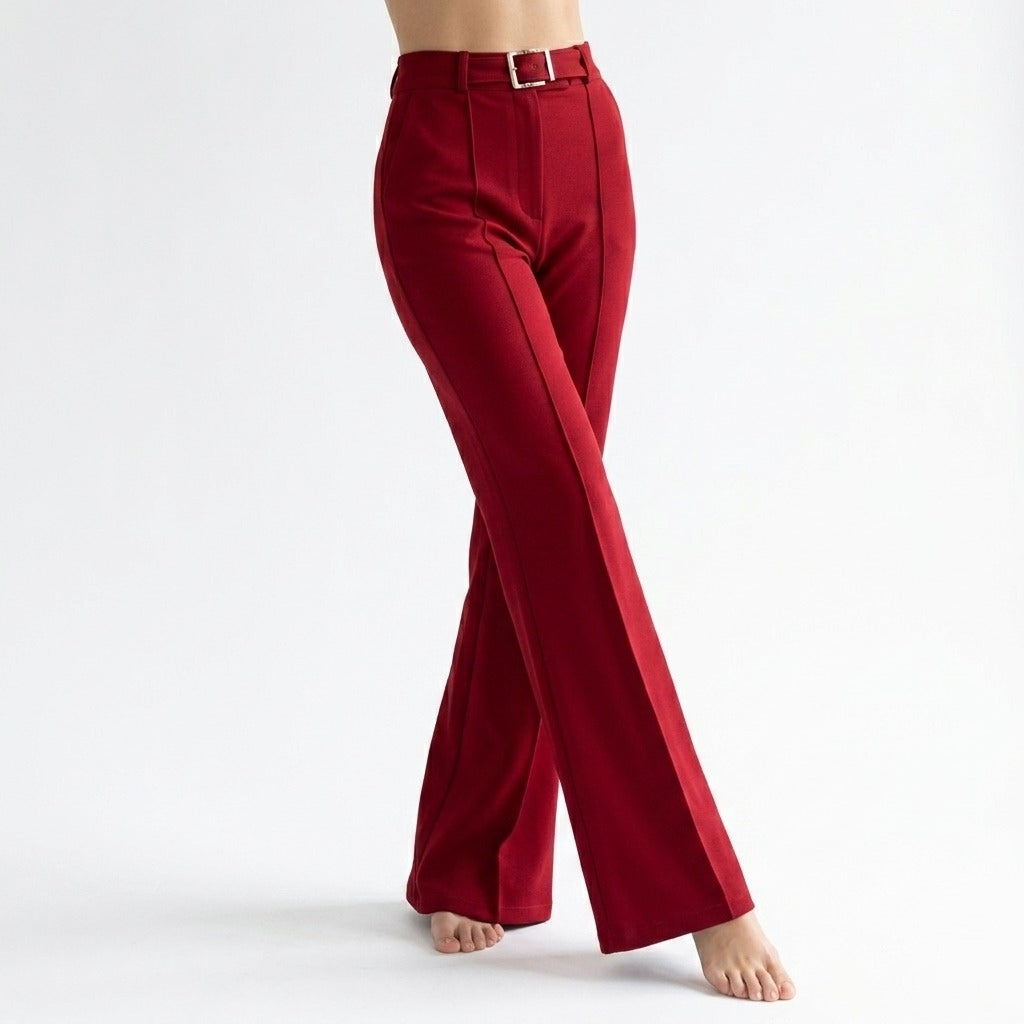 Rich Crimson Red Flared High-Waisted Trousers