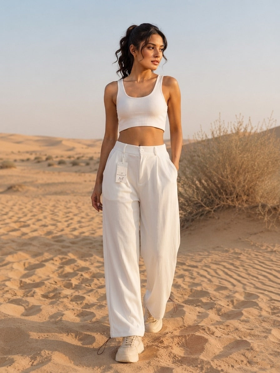 Premium High-Waisted White Wide-Leg Pleated Trousers (Korean Style)