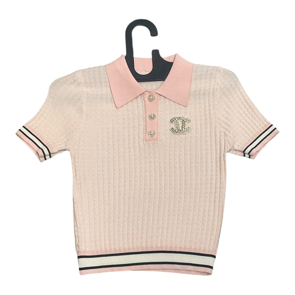 Embellished Rib-Knit Short Sleeve Polo with Logo
