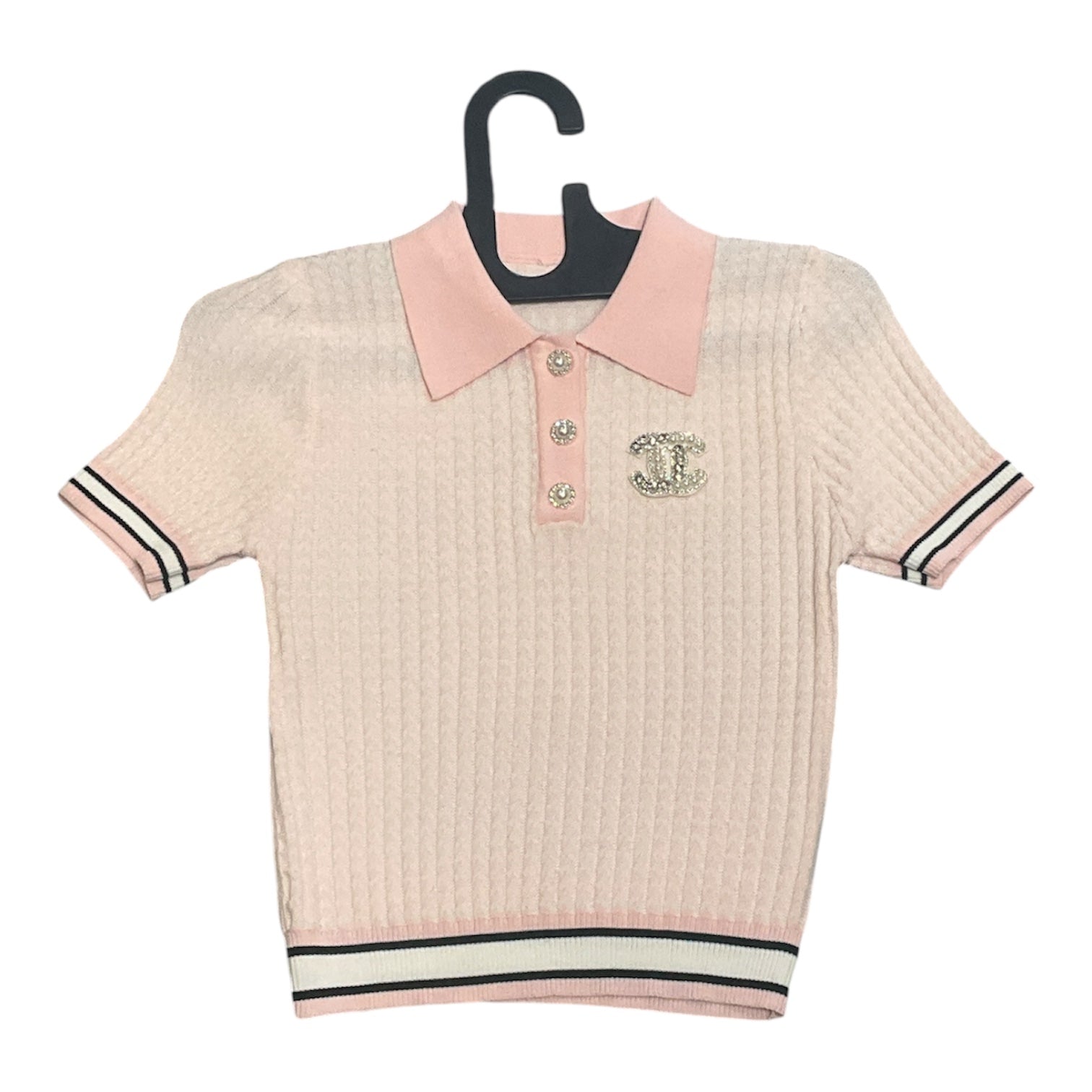 Embellished Rib-Knit Short Sleeve Polo with Logo