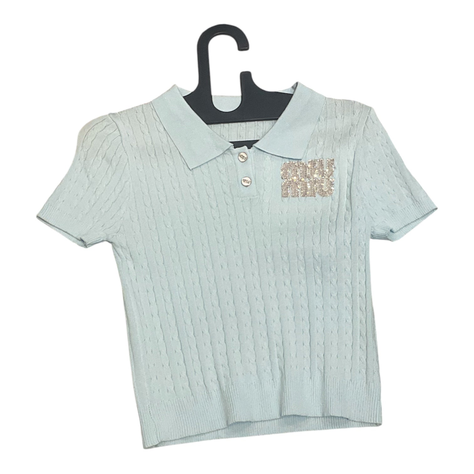 Miu Miu Embellished Cable-Knit Polo Top in Light Blue