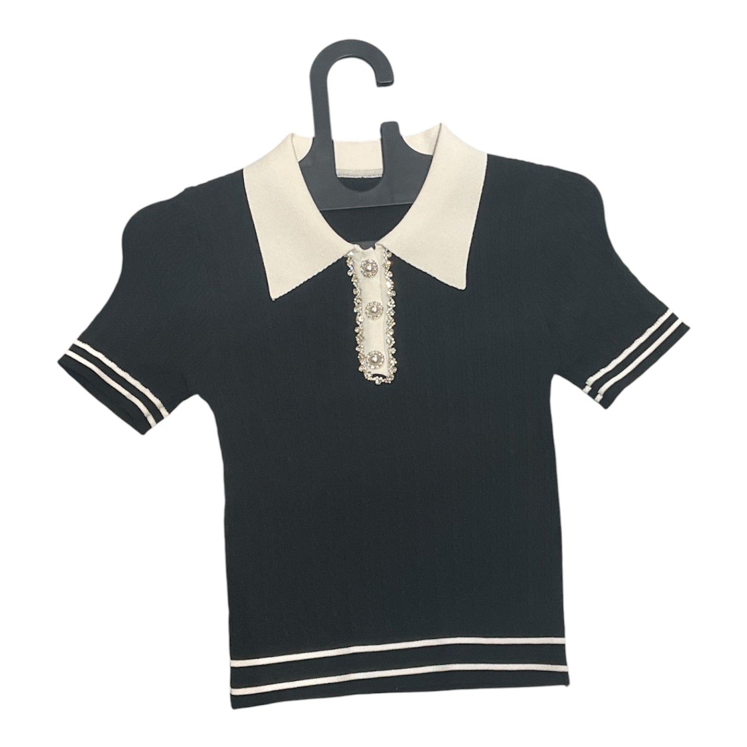 Vintage Glam Contrast Collar Rib-Knit Polo Top