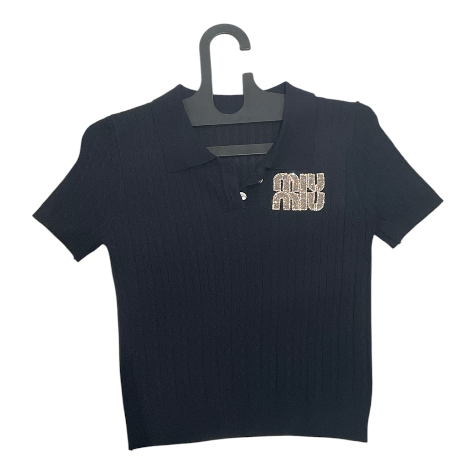 Signature Crystal-Embellished Cable-Knit Polo