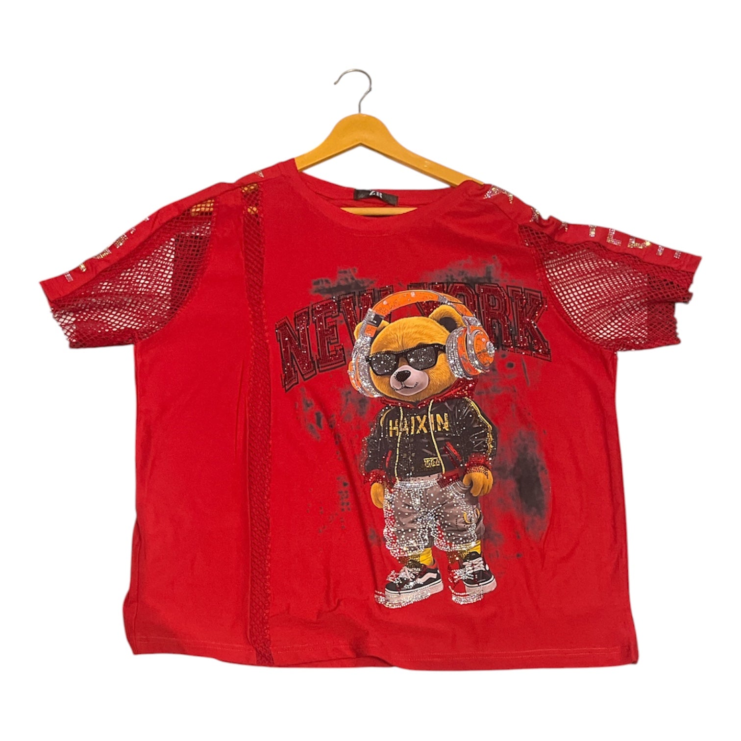 The "NY Bear" Rhinestone Mesh Tee – Red