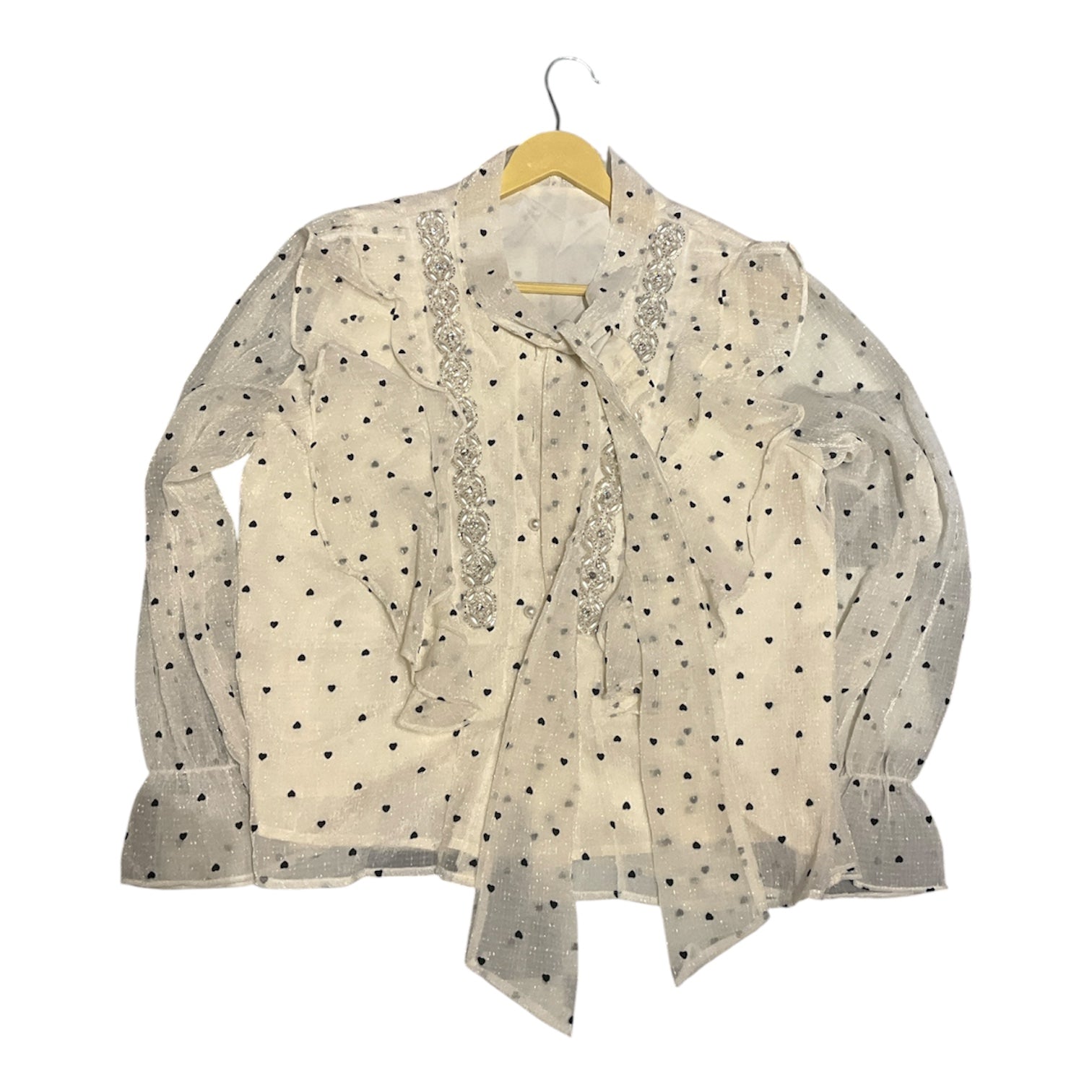 Romantic Embellished Heart-Print Ruffle