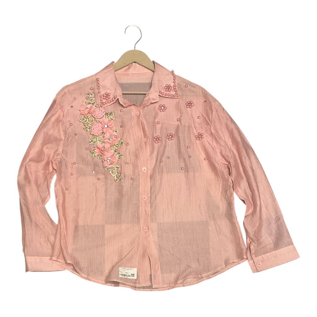 Artisanal Dusty Pink Crinkle Shirt with Cascade 3D Floral & Pearl Embellishments