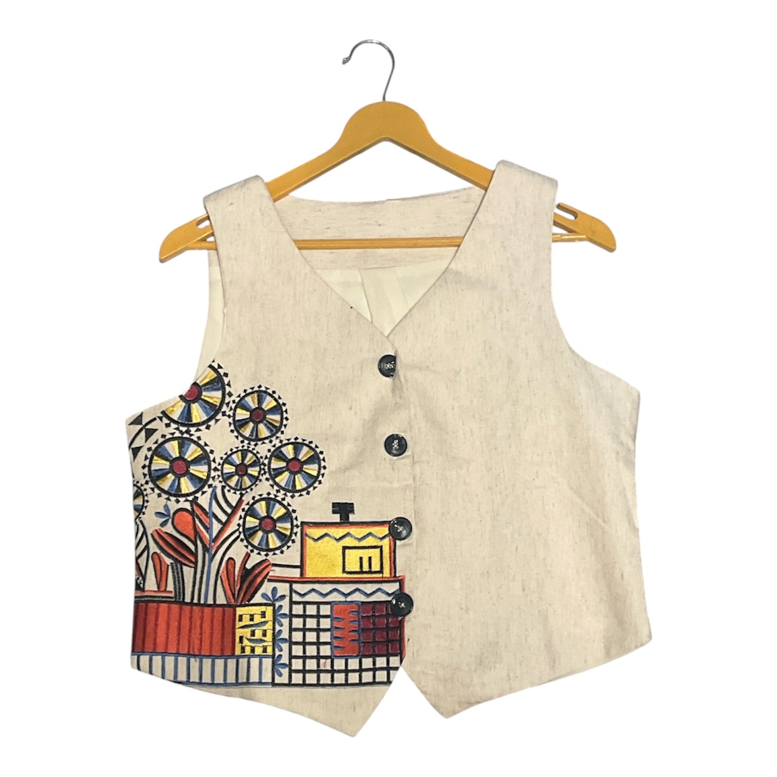 Artisan Embroidered Natural Linen Vest