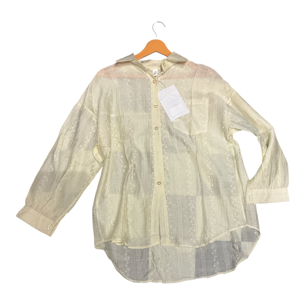 Shear Beige Embroidered Button-Up Blouse with Cami