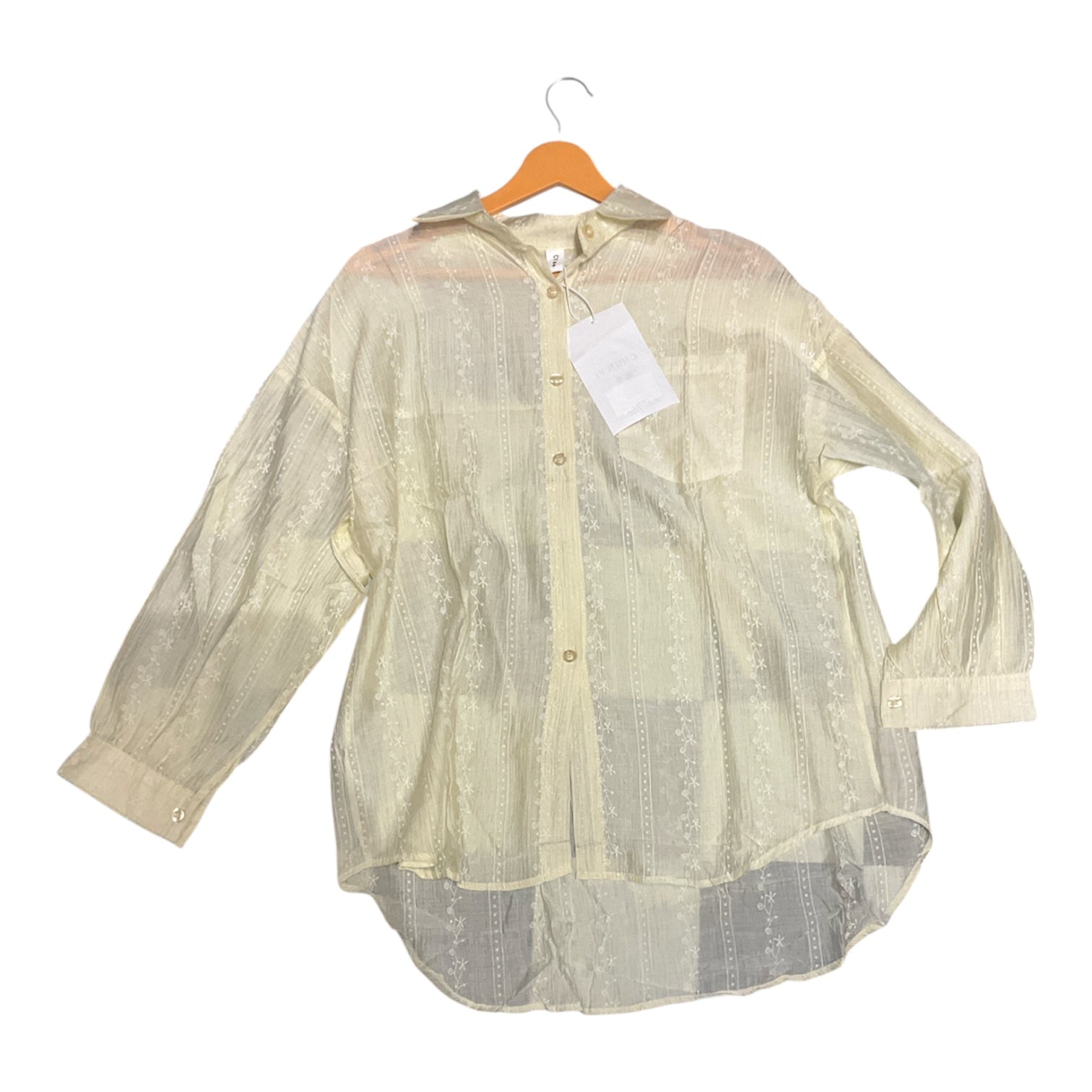 Shear Beige Embroidered Button-Up Blouse with Cami