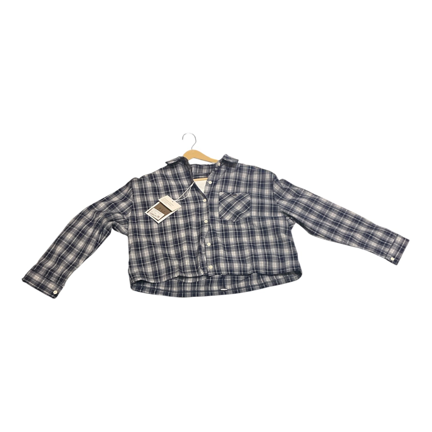 Classic Blue & White Plaid Cropped Button-Down Shirt