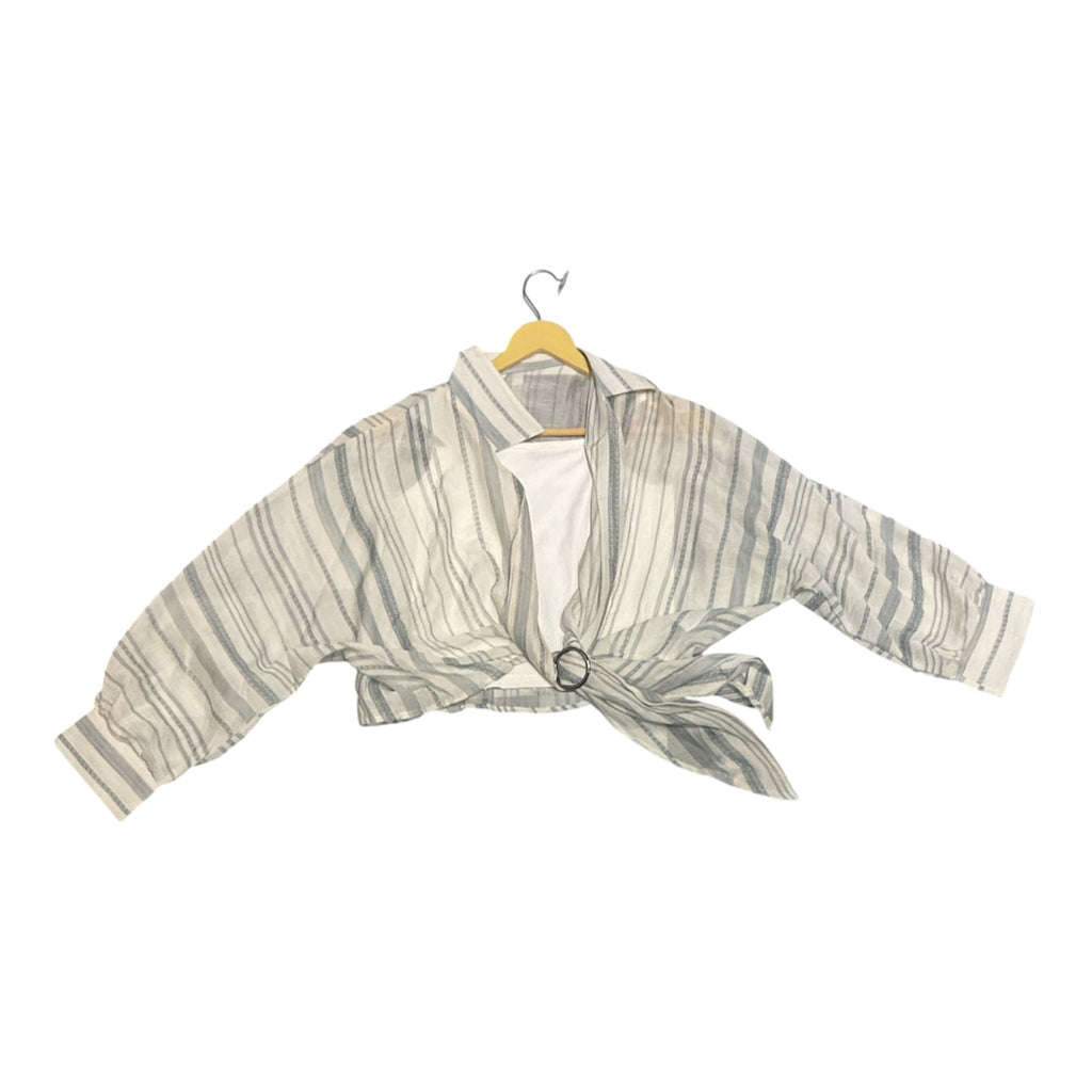 Grey & White Striped D-Ring Wrap-Tie Top with Dolman Sleeves