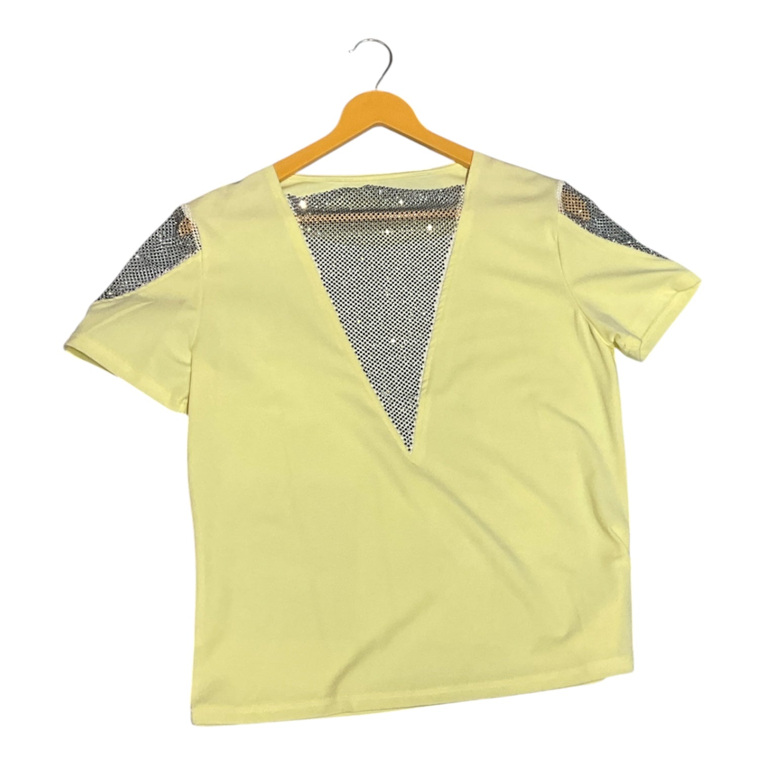 Pastel Yellow Rhinestone Mesh-Accent Tee