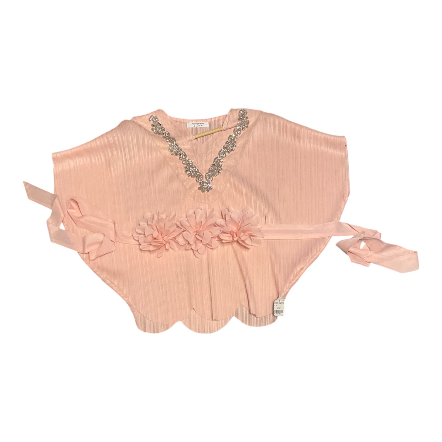 Elegant Plissé Top with Crystal & Floral Accents