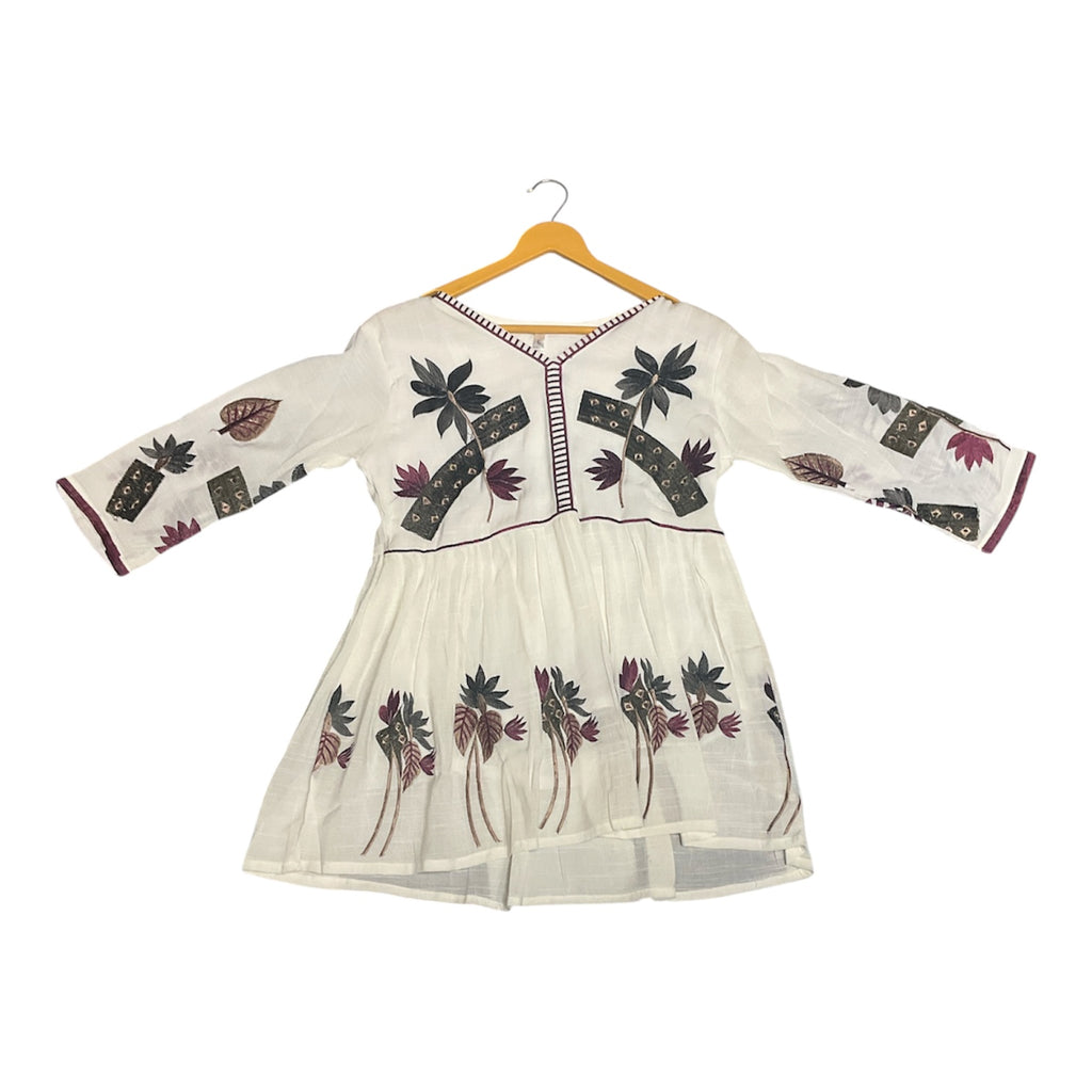 Ethereal White Botanical Embroidered Peplum Tunic with Maroon Trim