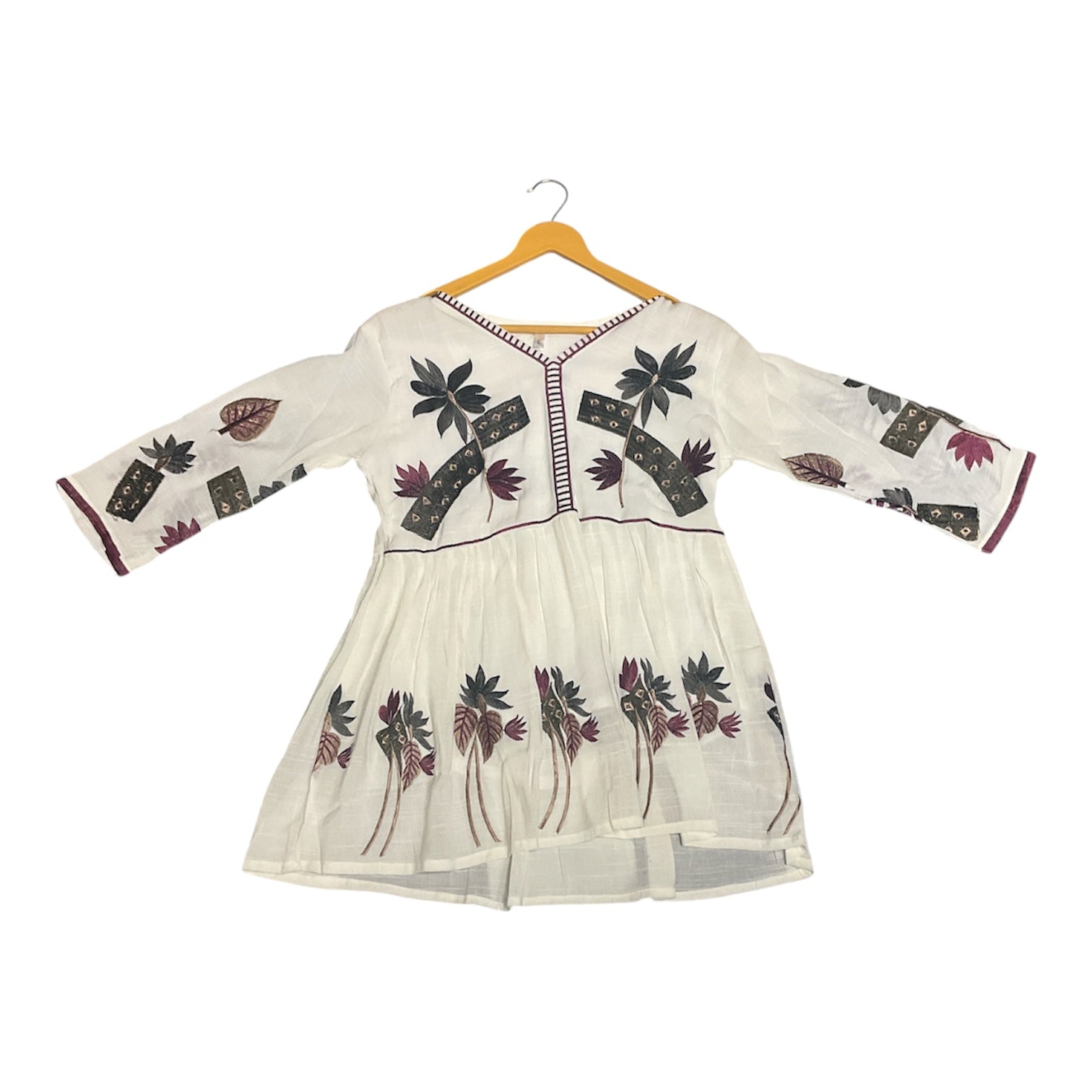 Ethereal White Botanical Embroidered Peplum Tunic with Maroon Trim