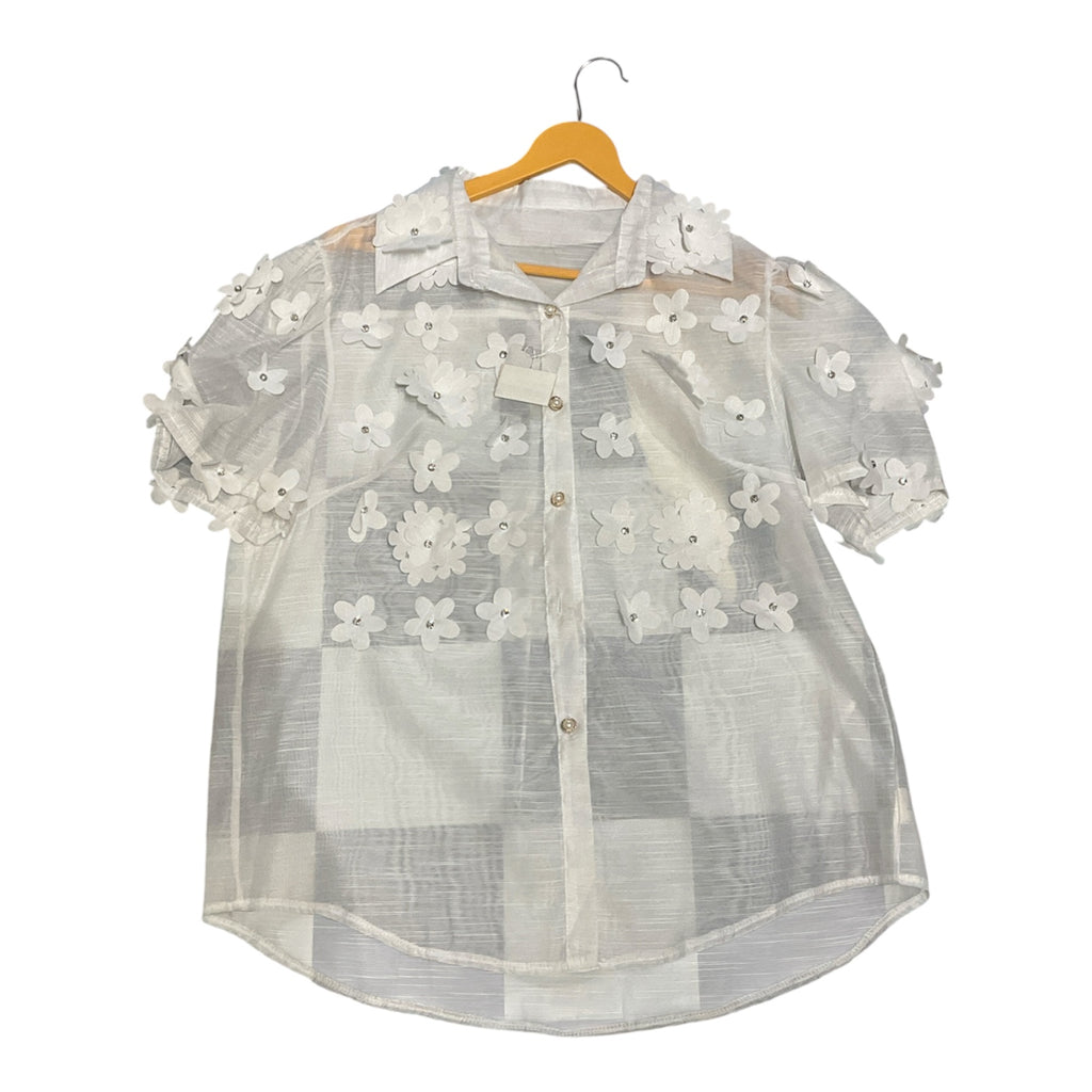 Elegant Sheer Floral Appliqué Puff Sleeve Blouse with Pearl Buttons