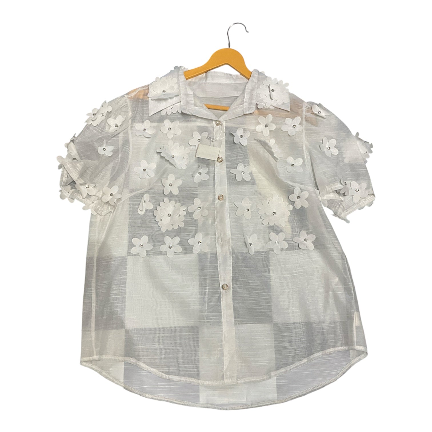 Elegant Sheer Floral Appliqué Puff Sleeve Blouse with Pearl Buttons