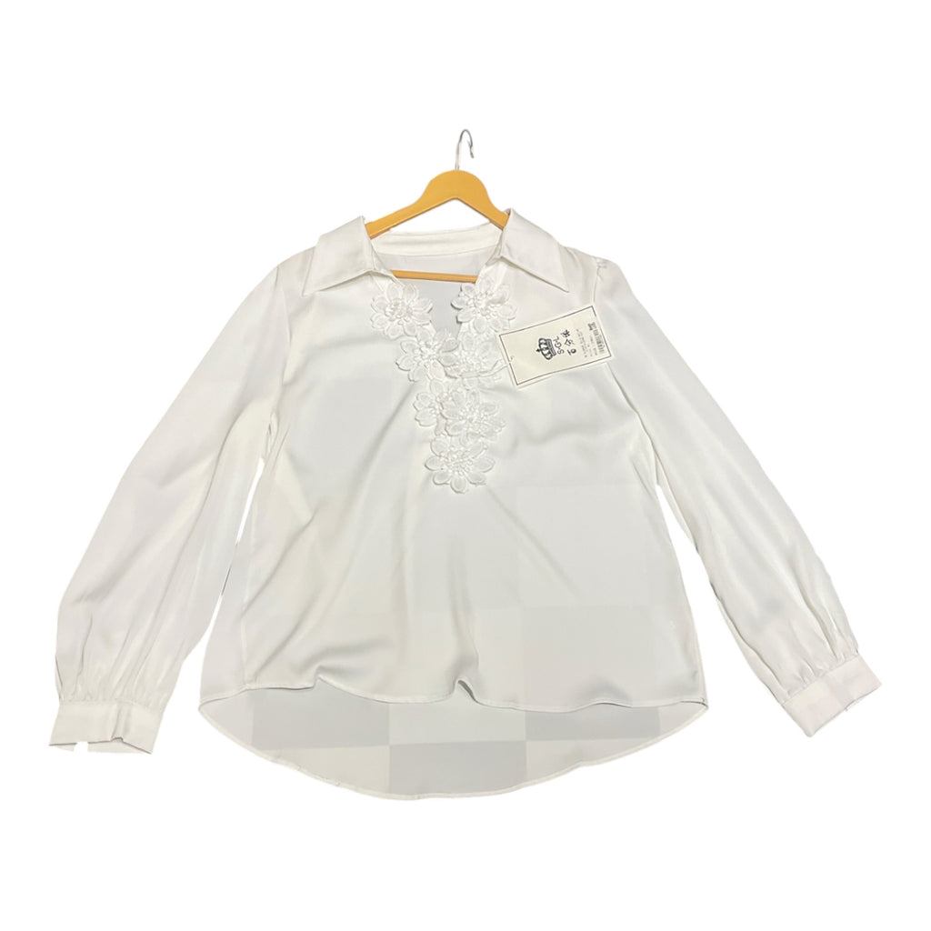 Elegant Satin Button-Up Blouse with Detachable Floral Appliqué and Bishop Sleeves