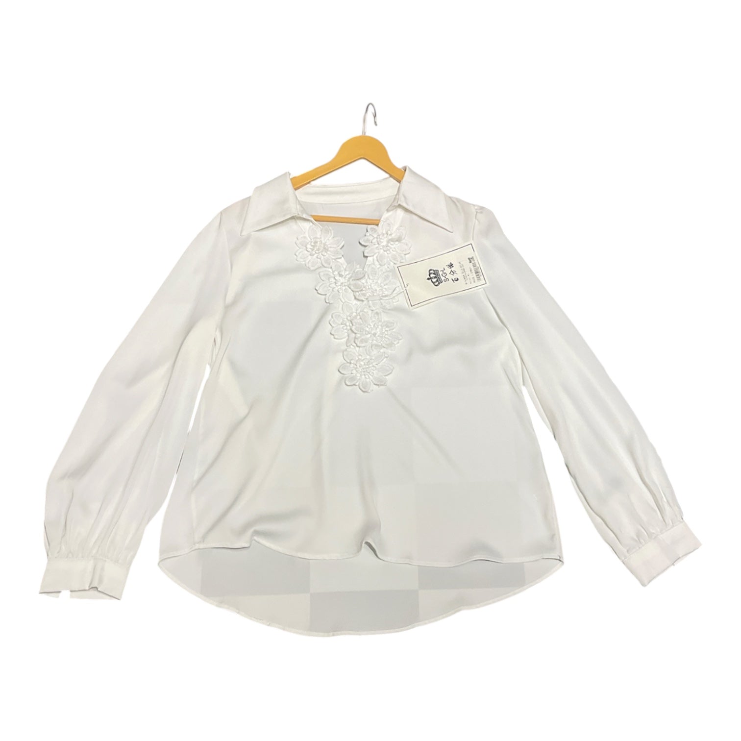 Elegant Satin Button-Up Blouse with Detachable Floral Appliqué and Bishop Sleeves