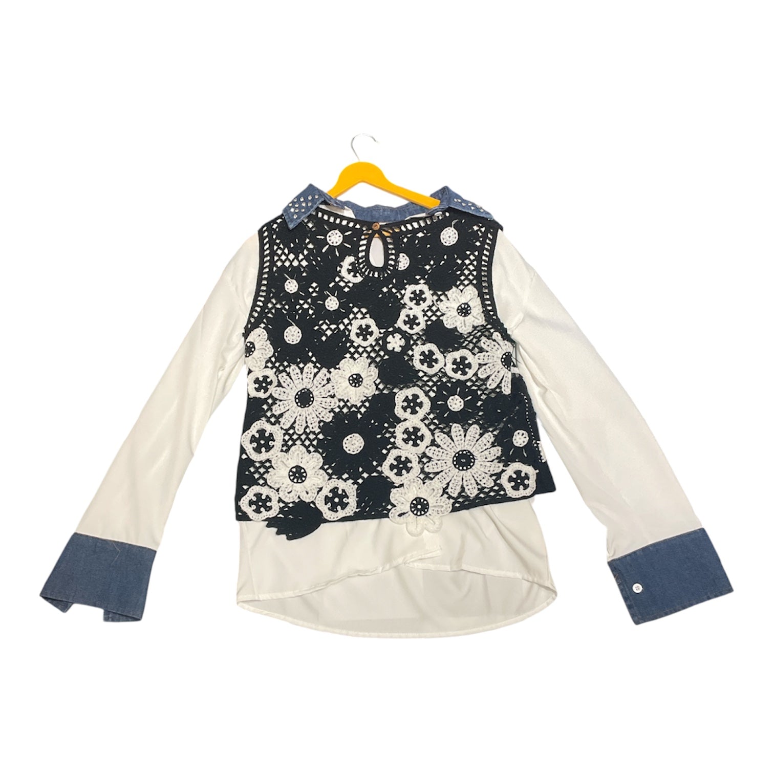 Sophisticated Mixed-Media Floral Crochet Vest Layered Shirt