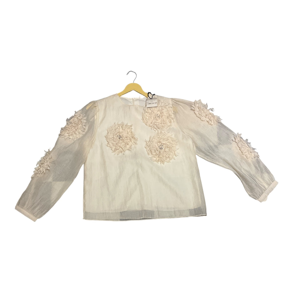 Elegant Cream Organza Blouse with Dimensional Floral Appliqués and Crystal Accents