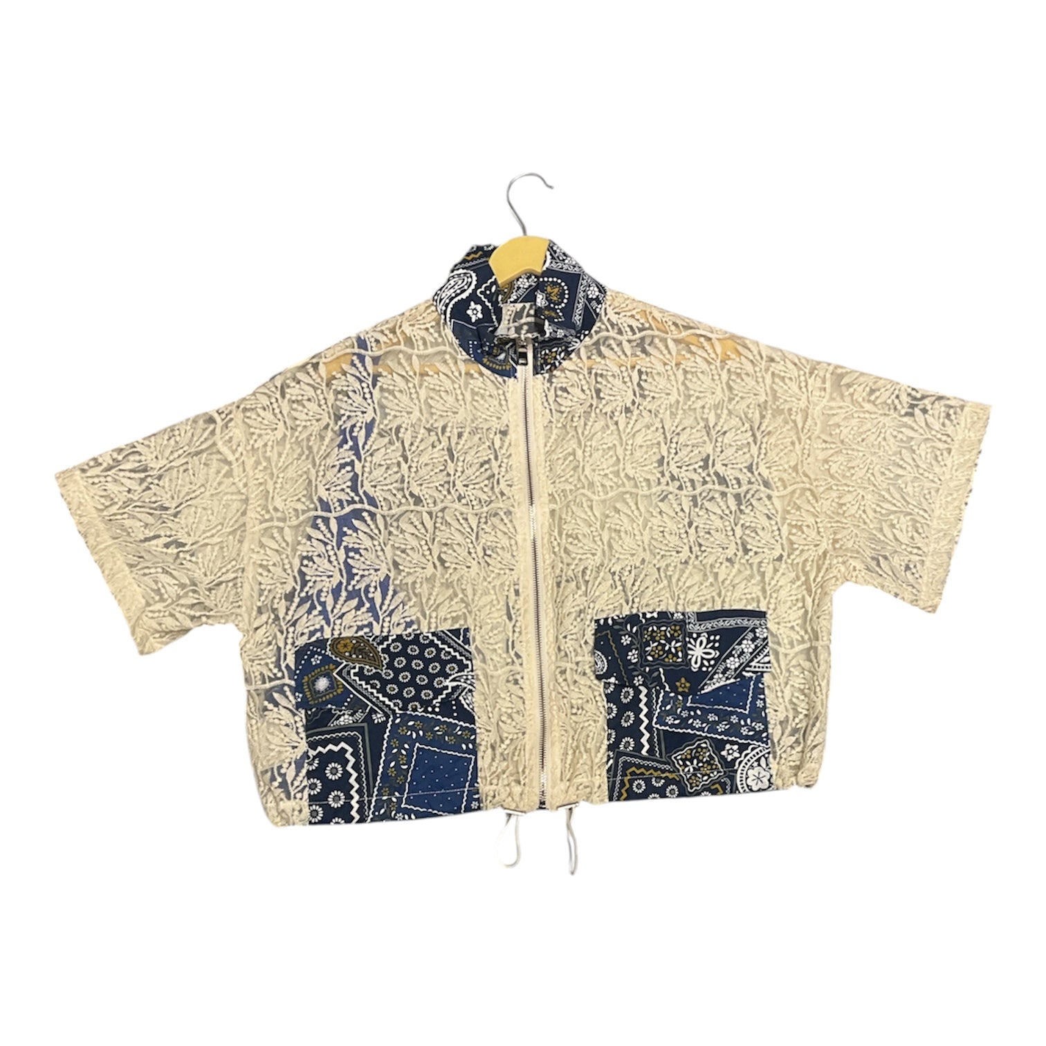 Unique Cropped Cream Lace Utility Jacket with Navy Paisley Patches