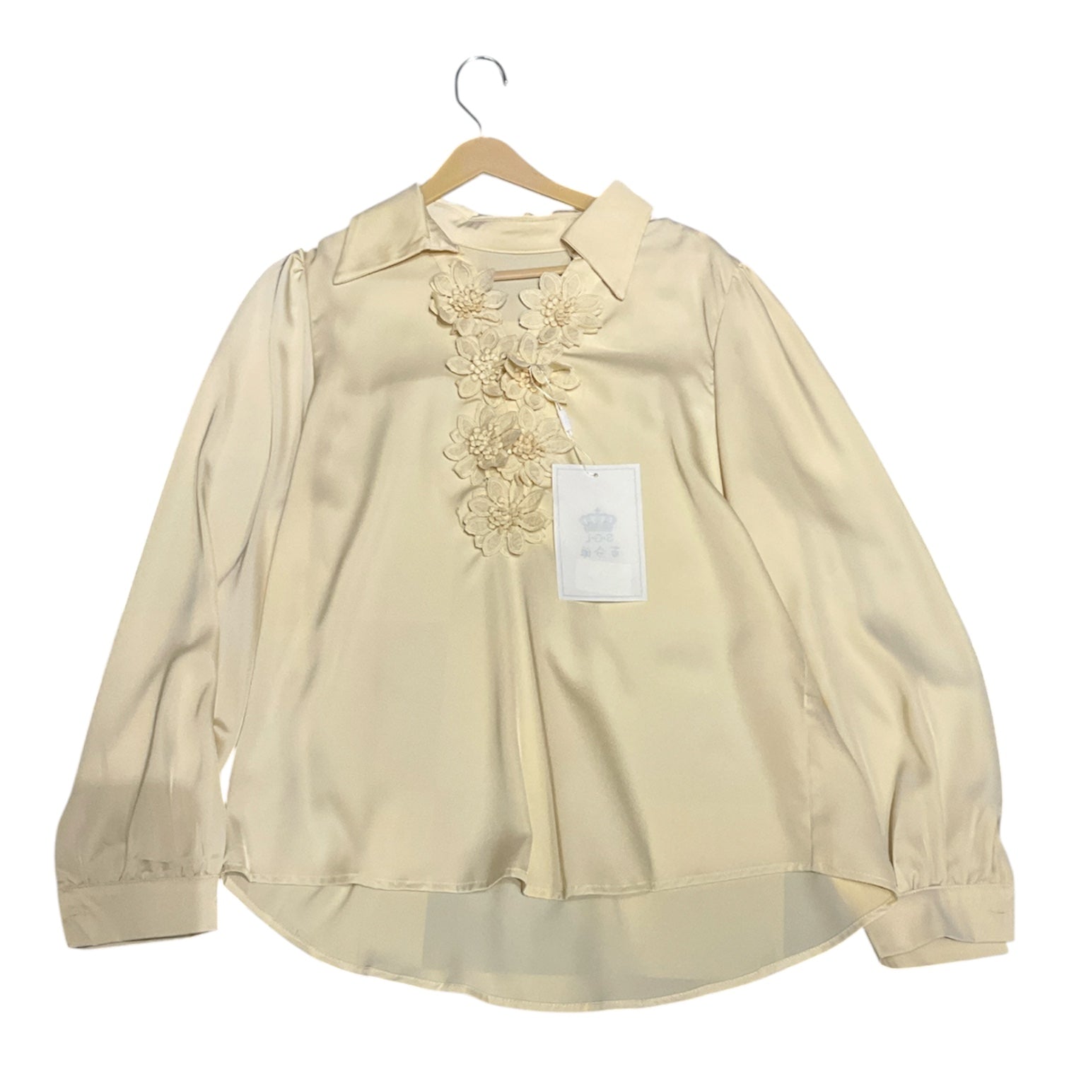 Cream Floral Appliqué Satin Blouse