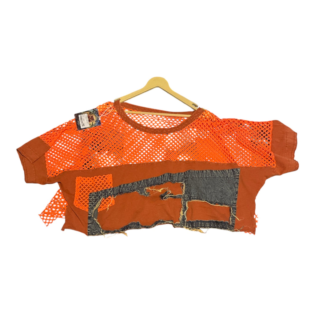 Deconstructed Punk Grunge Layered Mesh & Distressed Denim Patch Tee - Terracotta