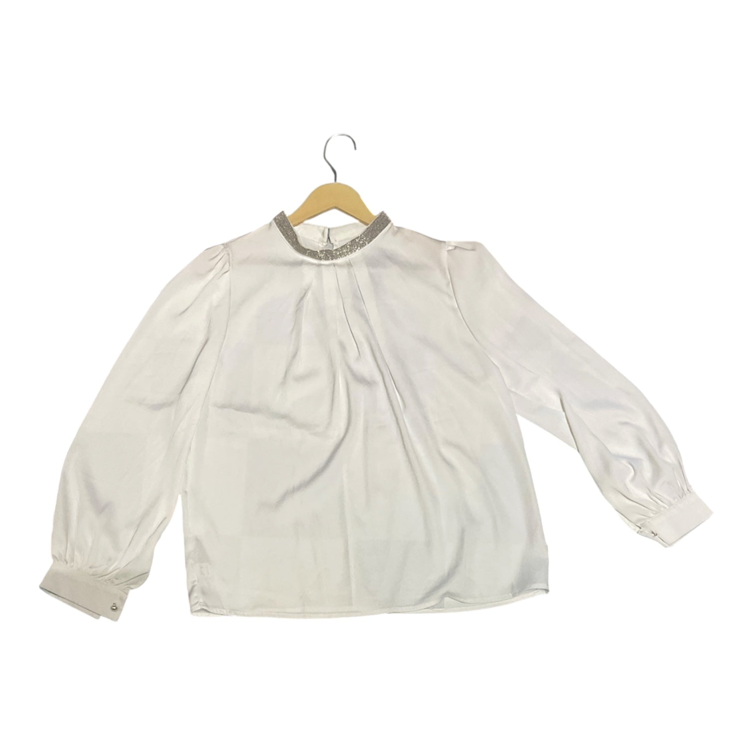 Pearl and Pleat Satin Blouse with Embellished High Neck
