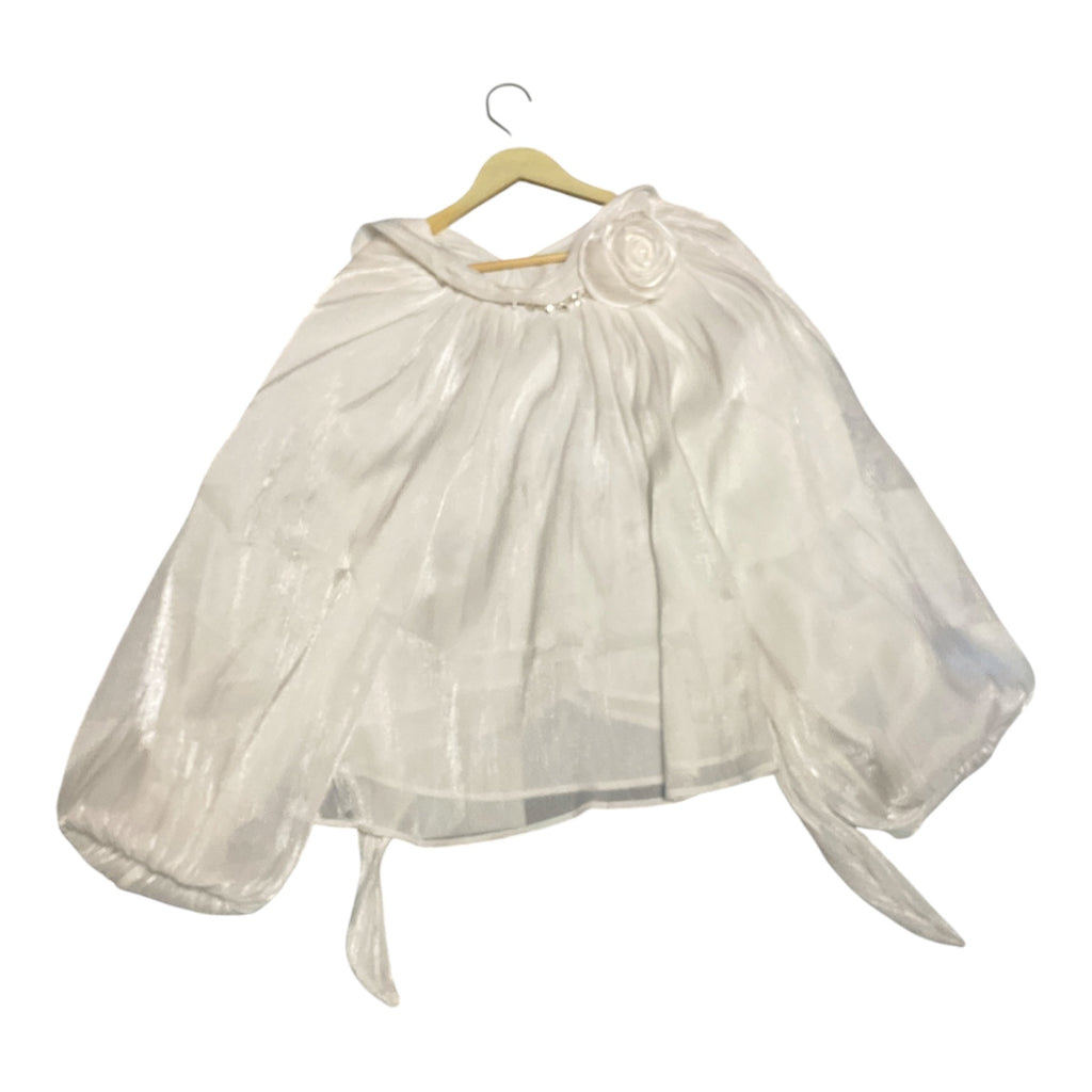 White Pleated Balloon-Sleeve Blouse with Rose and Bow Detail