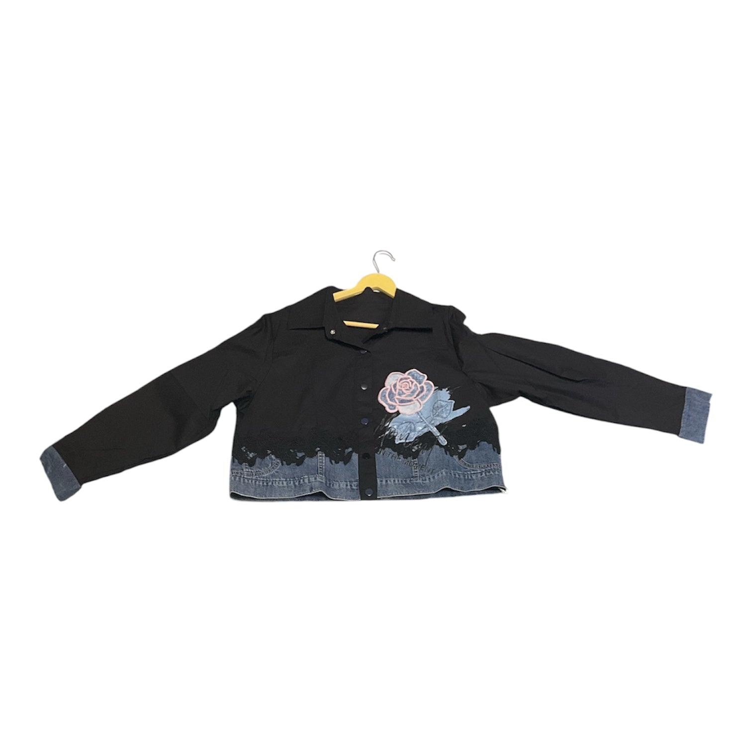 Edgy Two-Tone Denim Jacket with Floral Patchwork and Lace Trim