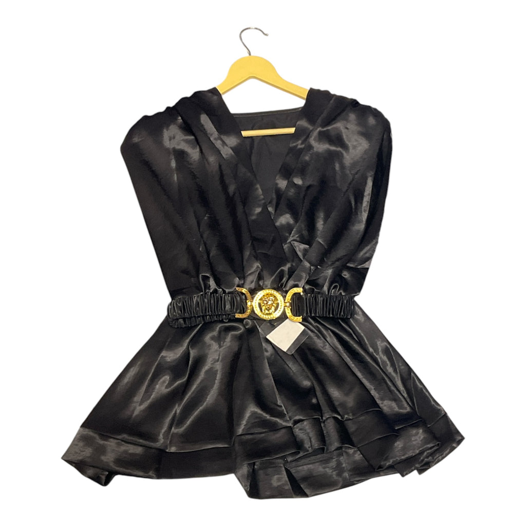 Midnight Luxe Belted Satin Peplum Top