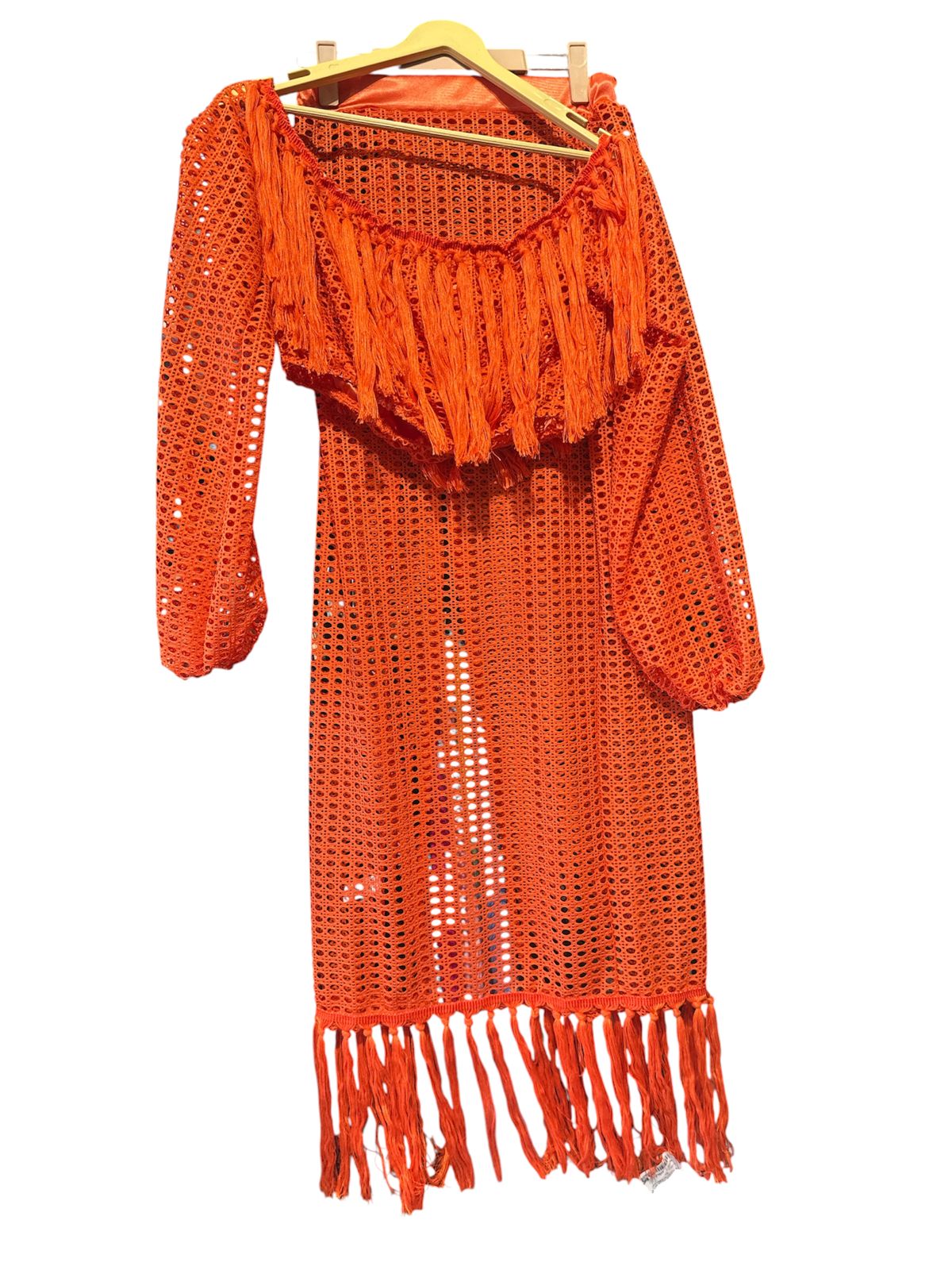 Orange Fringe Crochet Co-Ord Set for Women – Off Shoulder Crop Top & High Slit Maxi Skirt (Imported Statement Outfit)