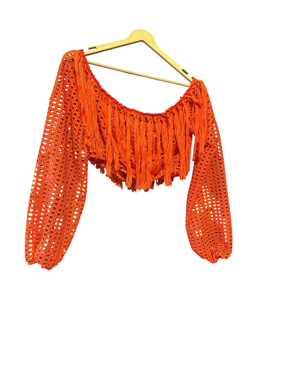 Orange Fringe Crochet Co-Ord Set for Women – Off Shoulder Crop Top & High Slit Maxi Skirt (Imported Statement Outfit)