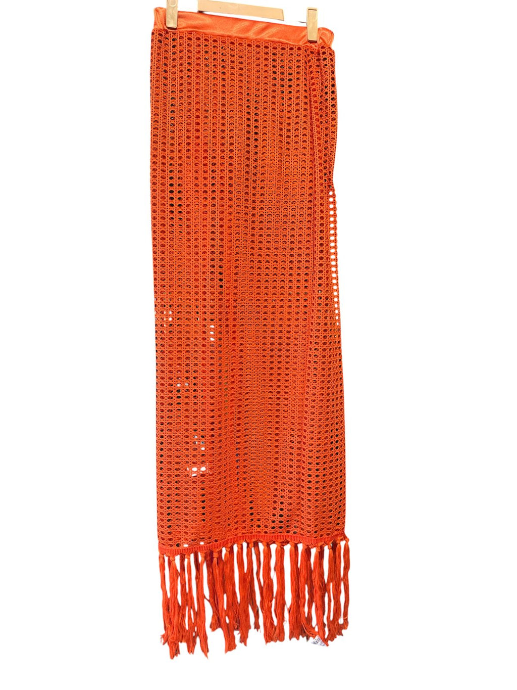 Orange Fringe Crochet Co-Ord Set for Women – Off Shoulder Crop Top & High Slit Maxi Skirt (Imported Statement Outfit)