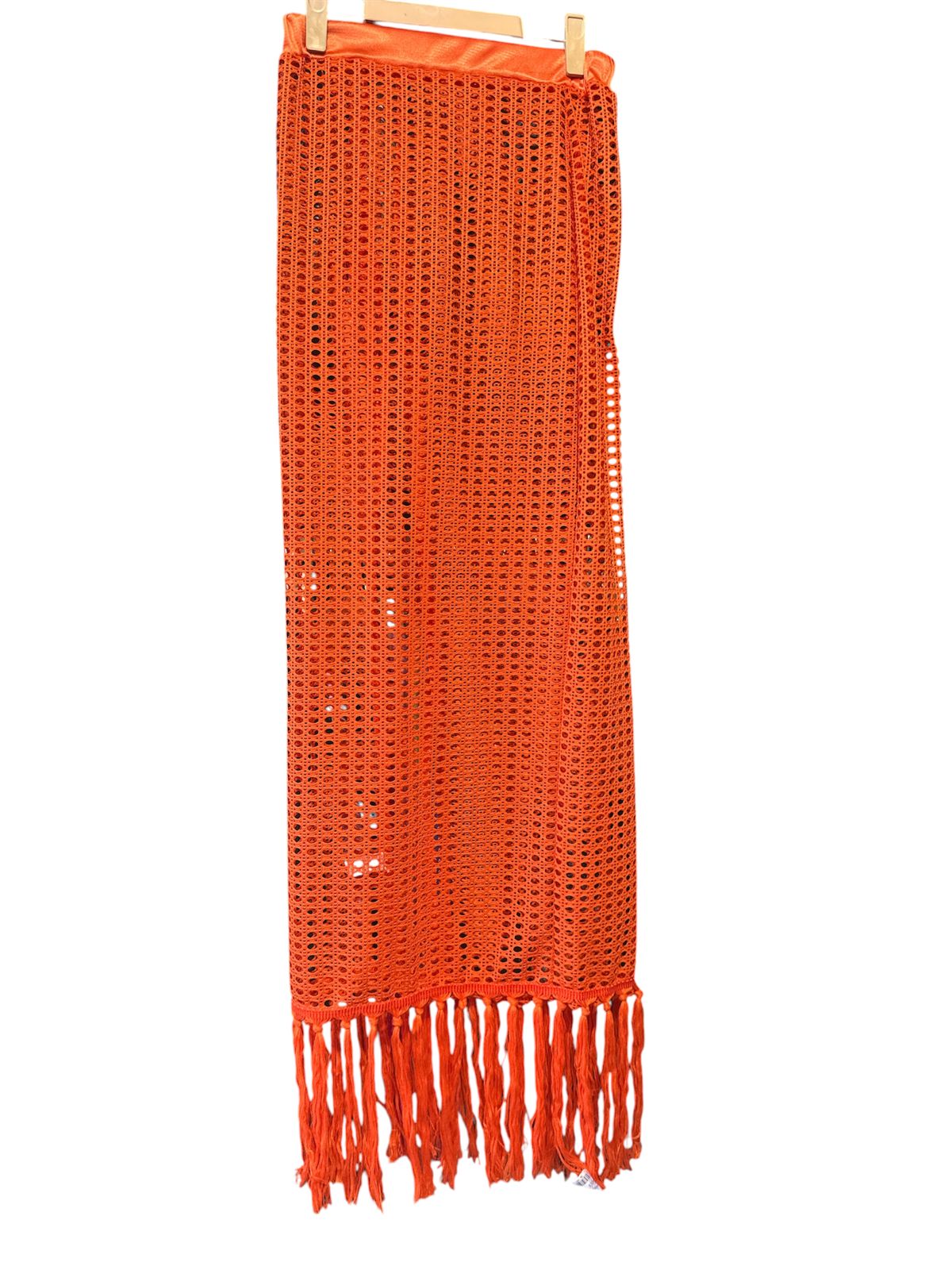 Orange Fringe Crochet Co-Ord Set for Women – Off Shoulder Crop Top & High Slit Maxi Skirt (Imported Statement Outfit)